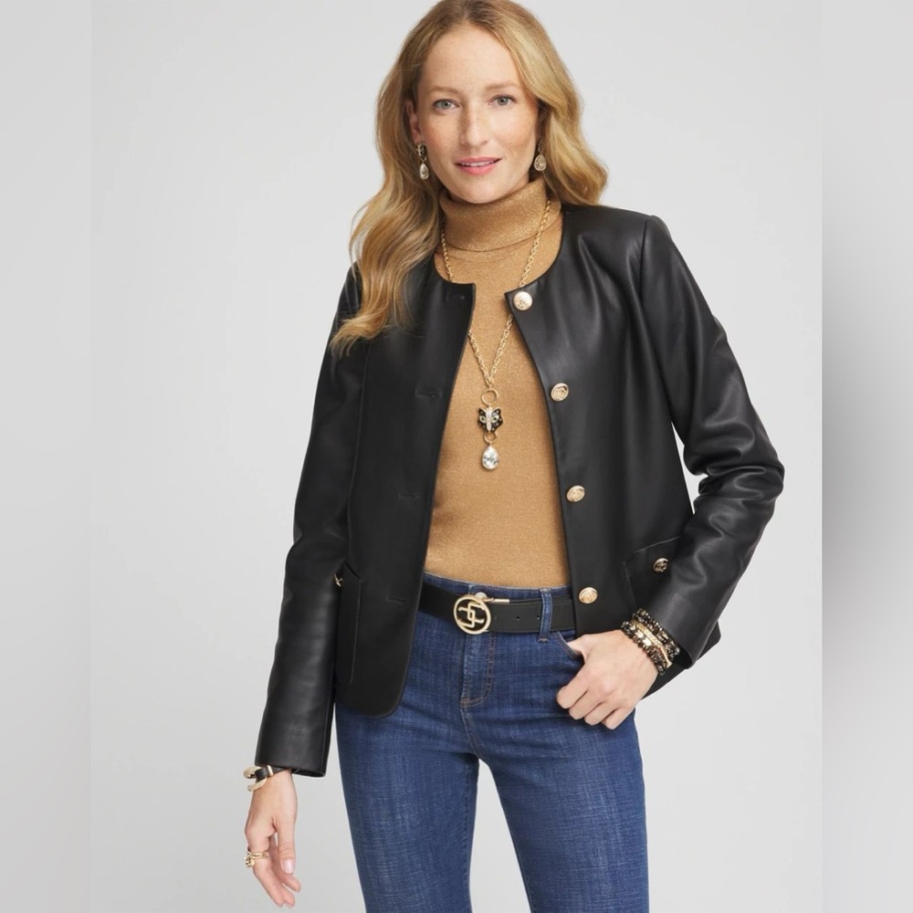 Chico's Faux Leather Jacket in Black with Gold Accents Size 1 or Medium 8